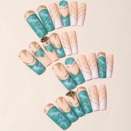 SINSEN Long Square Press on Nails Rhinestone Acrylic Fake Nails Glossy Green Extra Long False Nails with Gold Glitters Very Long Glue on Nails Kit Reusable Stick on Nails, 24PCS