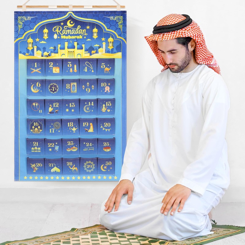 DPKOW Ramadan Advent Calendar 30 Pockets, Linen Fabric Ramadan Hanging