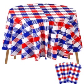 Windkream 3 Pcs Disposable Round Patriotic Tablecloth 4th of July 84 Inch Plastic Tablecloth Red White and Blue Buffalo Plaid Memorial Day Table Cover for Independence Day Dinner Party