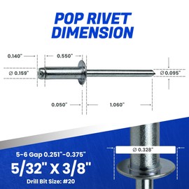 Fastenere Pop Rivets - 5/32" x 3/8" (100 pcs) Heavy Duty, Open-End, Low Carbon Steel, Dome-Head Blind Rivets, Corrosion-Resistant & High Shear Strength, 5-6 Gap 0.251"-0.375"