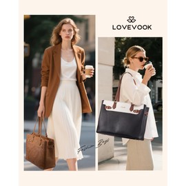 LOVEVOOK Laptop Tote Bag for Women Work, Teacher Tote Bag Nurse Bag with Large Cup Holder, 17.3 Inch Waterproof Leather Computer Bag Professional Business Office Briefcase, Black-beige-brown