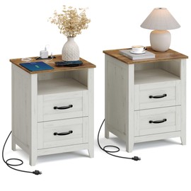 VASAGLE LIRY Collection - Farmhouse Nightstands with Charging Station, Set of 2 Bedside Tables, Side Tables with 2 Drawers, Open Compartment, for Bedroom, Rustic White and Honey Brown ULET869W01