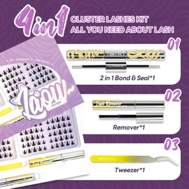 Cluster Lashes Kit，Lankiz Biomimetic Individual Eyelashes KIT with Lash Bond Seal and Remover Cat Eye Lashes Wispy C Curl Reusable Lash Extensions 100PCS DIY Waterproof(Purrlash)