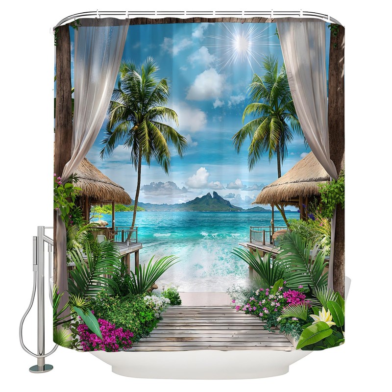LAEDCIITI Ocean Beach Shower Curtain Tropical Summer Palm Tree Leaves