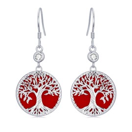 Tree of Life Dangle Drop Earrings, 925 Sterling Silver Moissanite and Turquoise/Abalone Shell/Opal/Malachite/Agate/Black Onyx/Tiger Eye Stone Family Tree of Life Drop Earrings Jewelry Gift for Women Mom (Style 9)