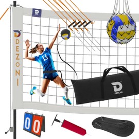 DEZONI Portable Volleyball Net | Volleyball Set Includes Ball, Scoreboard, Ball Carry Net, Tent Nails and Volleyball Spike Trainer