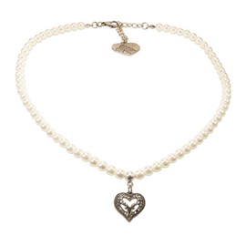 Alpenflüstern DHK238 Pearl Costume Necklace Rhinestone Heart Deer Small Women's Costume Jewellery Dirndl Necklace in Black and Cream White, Metal