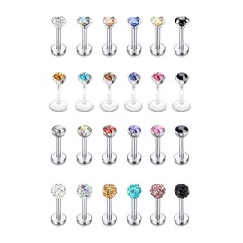 FUNRUN JEWELRY 24Pcs 16G Hypoallergenic Stainless Steel Labret Lip Monroe Medusa Stud Piercing for Women Men 3mm Cubic Zirconia Forward Helix Earrings Cartilage Tragus Piercing 6mm 8mm
