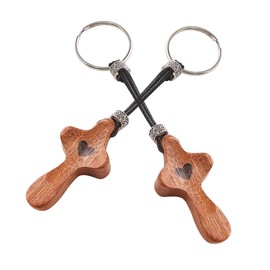 FOFOWHAT 2Pcs Handheld Wooden Cross Key Chain, Christmas Gifts for Encouragement, Pocket Prayer Cross Keychain with Organza Bag, Walnut Small Wood Cross Fidget for Stress Relief (Church, Baptism)