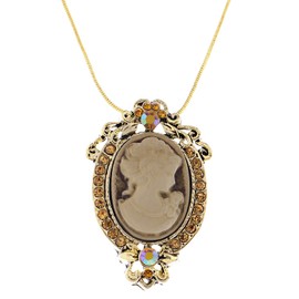 Alilang Golden Tone Shiny Topaz Crystal Rhinestones Vintage Inspired Cameo Lady Pendent Necklace