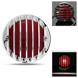 FUKWUNTO Motorcycle Tail Light Grille Round Tail Brake Light Red Lens Integrated License Plate Lamp For Bobber Chopper Cruiser Street Bike (Silver)