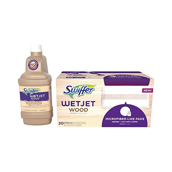Swiffer WetJet Wood Floor Mopping and Cleaning Refill Bundle, All Purpose Floor Cleaning Products, Includes: 20 Pads, 1 Cleaning Solution