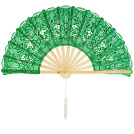 choyaxo Cotton Lace Folding Hand Fans Embroidered Flowers Pattern Handheld Fans for Costume Weddings Dancing Party DIY Bridal Hand Fan (Green)
