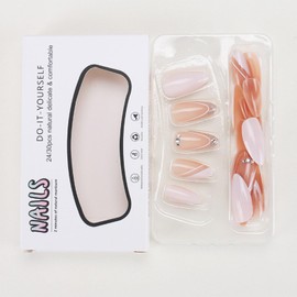 Summer Press on Nails Almond Medium Fake Nails with Designs White French Tip Nails Glitter Rhinestones Summer Glue on Nails Almond Shape Acrylic False Nails Tip Reusable Stick on Nails for Women 24PCS