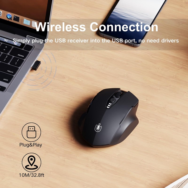 Uineer Wireless Mouse,Upgraded 2.4GHz Rechargeable (Battery Level Visible) Ergonomic Computer