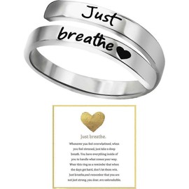 Just Breathe Ring for Women, Adjustable Heart Ring, Stainless Steel Spiral Wrap Healing Rings, Inspirational & Heart felt Gift - Colour: Silver