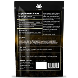 Aged Black Garlic 12,000mg - 120 Capsules | Black Garlic Bulb Extract 100:1 | Aged for Over 6 Months | Antioxidant and Cholesterol Support | Gluten Free - Made in the UK by Hellenia