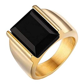 PAURO Mens Stainless Steel Black 18K Gold Plated Onyx Rings Vintage Size W 1/2