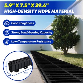 Dollate Trench Drain System, Channel Drain with Plastic Grate, 5.9x7.5-Inch HDPE Drainage Trench, Black Plastic Garage GardenDrain,Trench Drain Grate, with 4 End Caps,Convenient Assembly 4 Pack