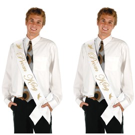 Beistle Prom King Satin Sash 2 Piece, White/Gold