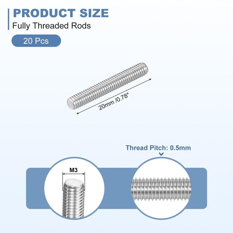 sourcing map 20Pcs M3-0.5x20mm Fully Threaded Rods, Threaded Rods Bar