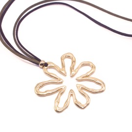 NILUXE DESIGN - Anhänger Frau Große Blume Goldfarben im Boho-Stil – Lange Halskette mit Blume und verstellbarer Velourslederkette – Perlen aus versilbertem oder vergoldetem Zamak (Goldfarben)