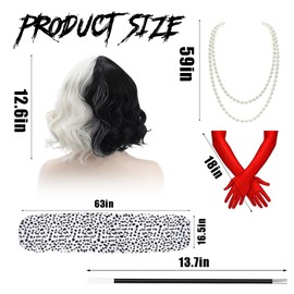 5 Pcs Dalmatian Costume Include Dalmatian Shawl Red Gloves Black White Wig and Pearl Necklace