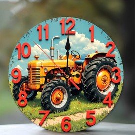 Vintage Tractor Clock Wall Decor Farm House Rustic Orange 10-Inch Wooden Wall Clock, Silent Movement, Battery Operated (AA Batteries Not Included), Artistic Home Decor, Perfect for Home Accents
