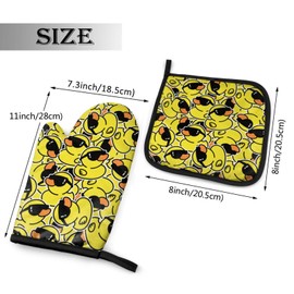 Abucaky Funny Rubber Duck with Sunglasses Oven Mitts and Pot Holders Insulated Gloves & Kitchen Counter Safe Mats for Cooking BBQ Baking Grilling (2-Piece Set)
