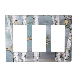 Teal Gold Birch Tree White Bird GFCI Triple Rocker Light Switch Cover Landscape Forest Decorative Wall Plate 3 Gang Electrical Switchplate Faceplate for Home Room Decor