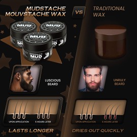 Bossman MUDstache Unscented Mustache Wax - 3 Pack – No Pull - Spreads Easy for a Strong Non-Tacky 24 hr Hold - Tame, Train and Style - Moustache Wax for Men (1oz)