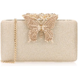Dexmay Glitter Clutch Bag with Rhinestone Butterfly Clasp Women Evening Handbag Formal Party Purse Gold