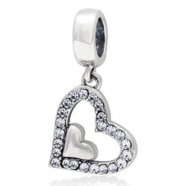 Heart Charm with Crystal Charm 925 Sterling Silver Dangle Charm Love Charm for Bracelet (White)
