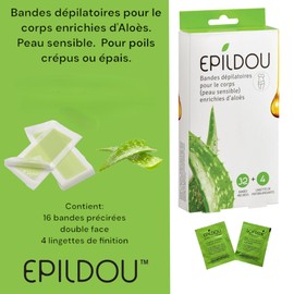Epildou - Softepil lot de 32 bandes dépilatoires pour le corps (peau sensible) enrichies d'aloès, avec 4 lingettes de finition apaisantes, fabriqué en Espagne