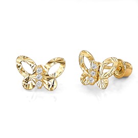 14k REAL Yellow Gold Diamond Cut Butterfly Stud Earrings with Screw Back