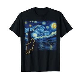 Cat Starry Night Funny Art Painting Van Gogh Men Women Kids T-Shirt