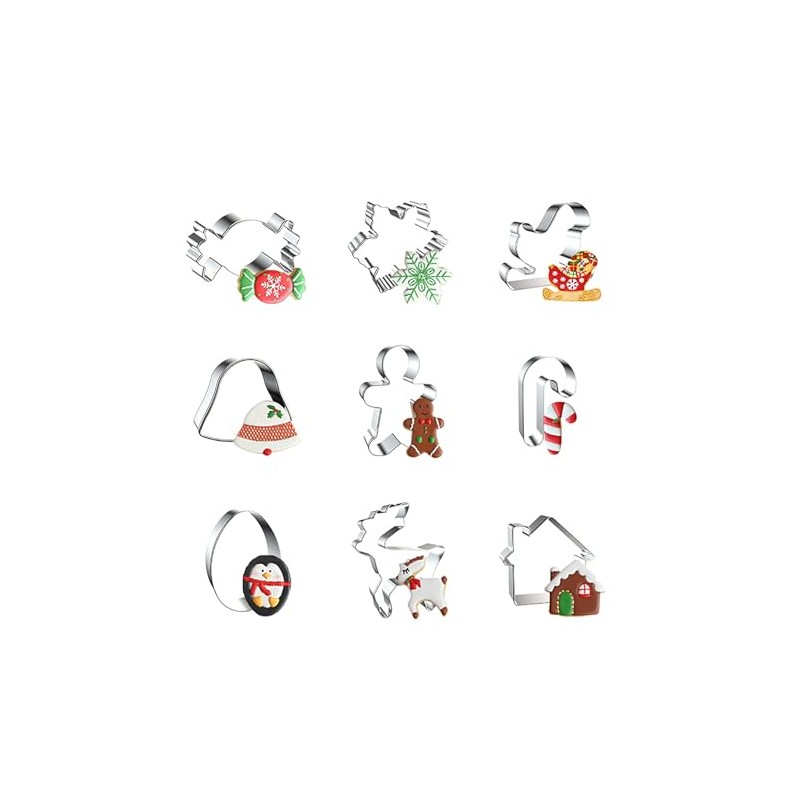 WDYJMALL Christmas Cookie Cutters 9-Pc Set - Candy Snowflake Sleigh