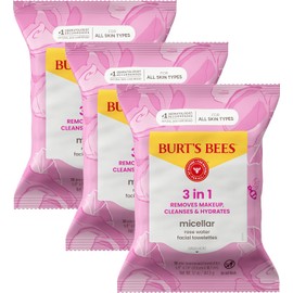 Burt's Bees Toallitas limpiadoras faciales micelares 3 en 1 y toallitas desmaquillantes con agua de rosas hechas con algodón reutilizado, 30 unidades, paquete de 3