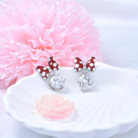 Big Red Bow Earrings Sterling Silver Red Mouse Bow Stud Earrings with Huge Sparkling CZ Dangle Earrings Cute Dainty Sweet Bowknot Earrings Lucky Cute Animal Stud Jewelry Gifts for Women Daughter Birthday