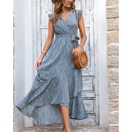 BTFBM Summer Floral Maxi Dress for Women 2025 Vacation Ruffle Sleeve V Neck Belt Wrap Spring Beach Wedding Guest Dresses(Floral Blue, Medium)