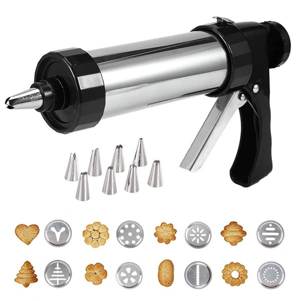 Stainless Steel Pastry Press, Biscuit Press Set, Biscuit Machine, Decorating Syringe, DIY Baking Accessories with 8 Attachments and 8 Syringe Attachments for Baking and Decorating Cakes, Biscuits