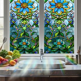 Nuxovilar Stained Glass Floral Window Film, 17.7×39.4inch, Colorful Flower Pattern Static Cling for Home & Decor (Sparkle)
