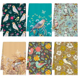 Geyoga 6 Pieces Floral Kitchen Towels Flamingo Dish Hand Towels Sunflower Flower Chicken Daisy Tea Towels for Fall Kitchen Bathroom Decor,16 x 24 Inch(Retro Color,Vintage Birds)