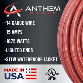 50 ft - 14 Gauge Extension Cord Outdoor - Made in USA - Lighted on Both Ends - Red Outdoor Extension_Cord Waterproof by Anthem Cable - Heavy Duty ExtensionCord 50 ft 15 Amp Extension