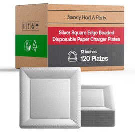 Smarty Had A Party Disposable Charger Plates, Heavy Duty Paper Charger for Dinner Plates, 13" Elegant Dinnerware for Wedding, Birthday and all Occasions Square Charger 120 pcs (Square Silver)
