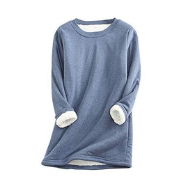 EFOFEI Ladies Casual Loose Fit Tops Sherpa Lined Fleece Pullover Solid Color Oversized SweatshirtS Blue L