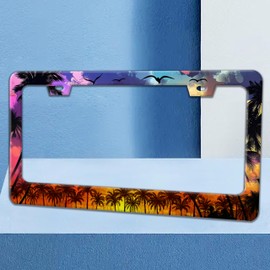 Hawaiian Palm Trees License Plate Frame Seaside Scenery License Plate Holders Funny Stainless Steel Auto Accessory Bracket 2 Hole with Screws Universal Us Car License Plate Frames 6x12 Inch