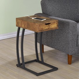 Royard Oaktree C-Shaped End Table with Charging Station, Small Couch Side Table with Storage Drawer, Power Outlet and USB, Industrial Bedside Table with Metal Frame for Living Room, Bedroom, Brown