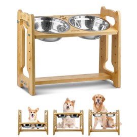 Jovrun Elevated Dog Bowls, Adjustable Raised Dog Bowls Stand for Medium Dogs and Cats, Durable Bamboo Dog Feeder with Stainless Steel Bowls and Non-Slip Feet, Dog Food Bowls for Medium Dogs Cats