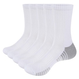 YUEDGE Mens Athletic Crew Socks Cotton Cushioned Moisture Wicking Sport Training Socks for Men 10-12 White 5 Pairs
